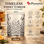 Pasabahce Timeless Whisky Tumbler Glass Set of 4 -  420 ml, Transparent