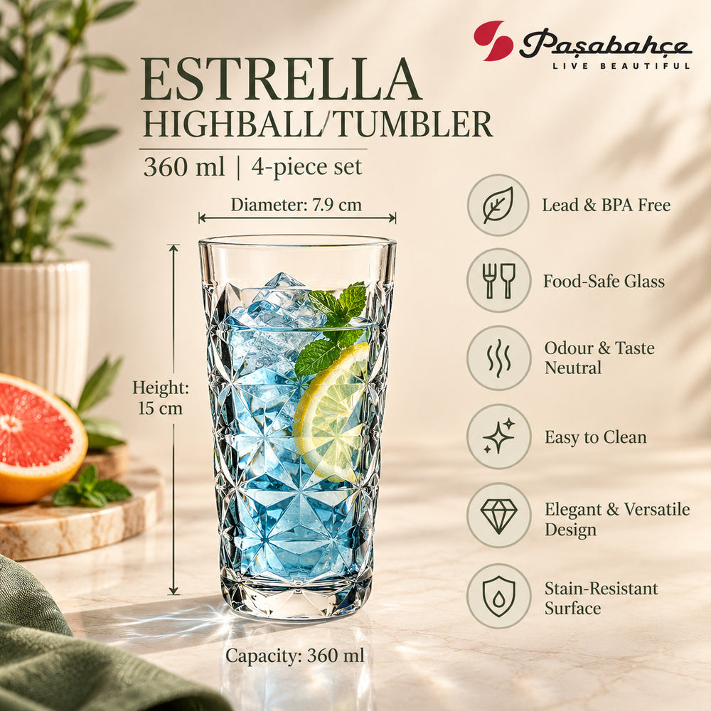 Pasabahce Estrella Highball Tumbler Glass Set of 4 -  360 ml, Transparent