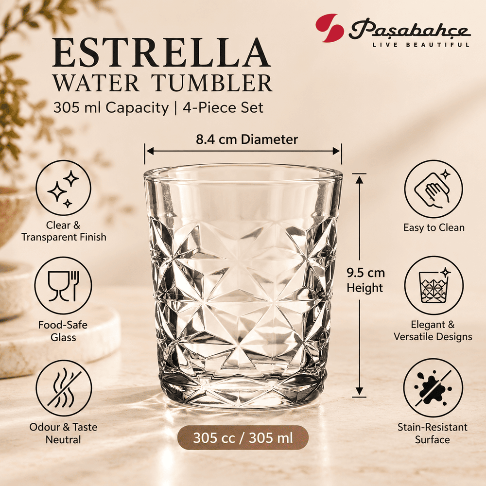 Pasabahce Estrella Water Tumbler Glass Set of 4 -  305 ml, Transparent