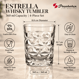 Pasabahce Estrella Whisky Tumbler Glass Set of 4 -  360 ml, Transparent