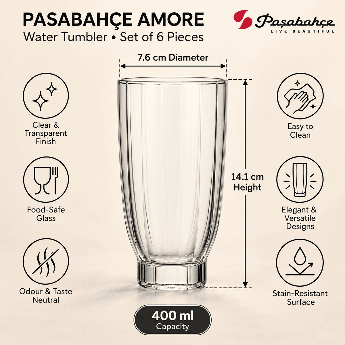 Pasabahce Amore Water Tumbler Glass Set of 6 -  400 ml, Transparent