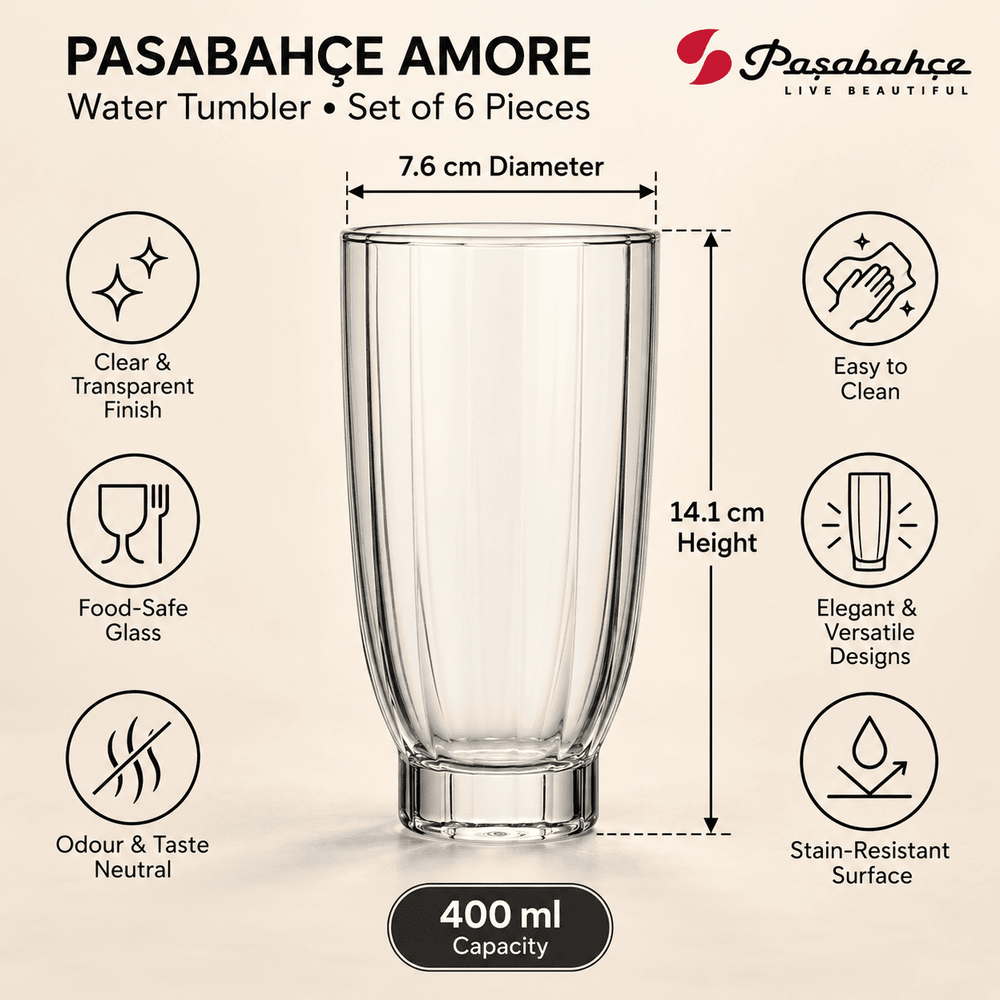 Pasabahce Amore Water Tumbler Glass Set of 6 -  400 ml, Transparent