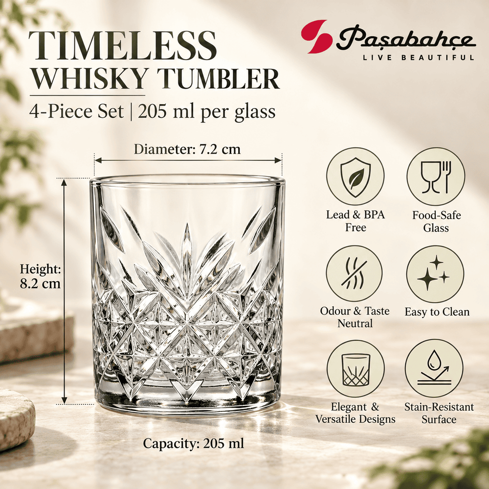Pasabahce Timeless Whisky Tumbler Glass Set of 4 -  205 ml, Transparent