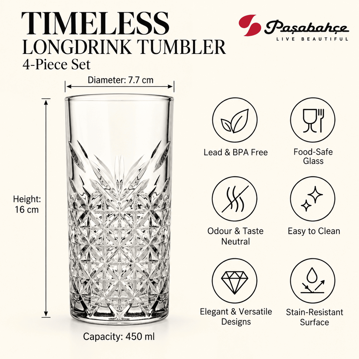 Pasabahce Timeless Longdrink Tumbler Glass Set of 4 -  450 ml, Transparent