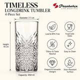 Pasabahce Timeless Longdrink Tumbler Glass Set of 4 -  450 ml, Transparent