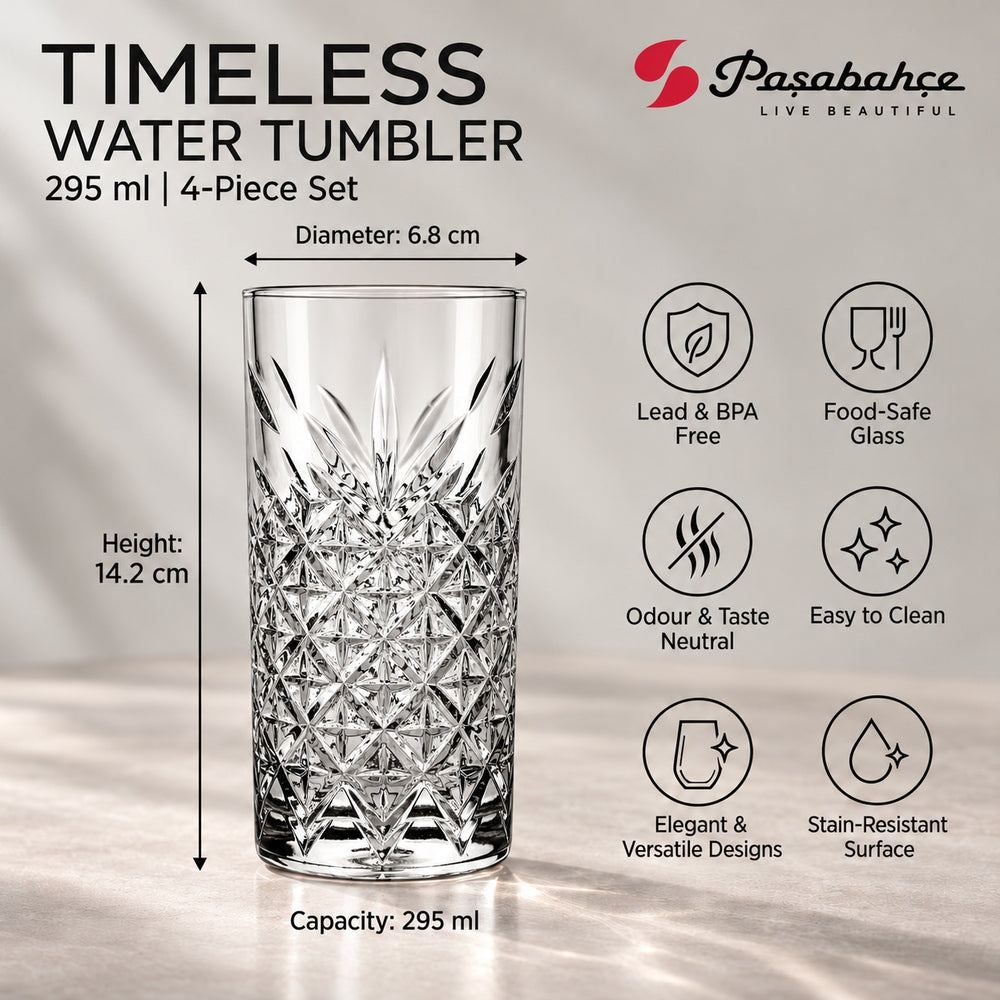 Pasabahce Timeless Water Tumbler Glass Set of 4 -  295 ml, Transparent