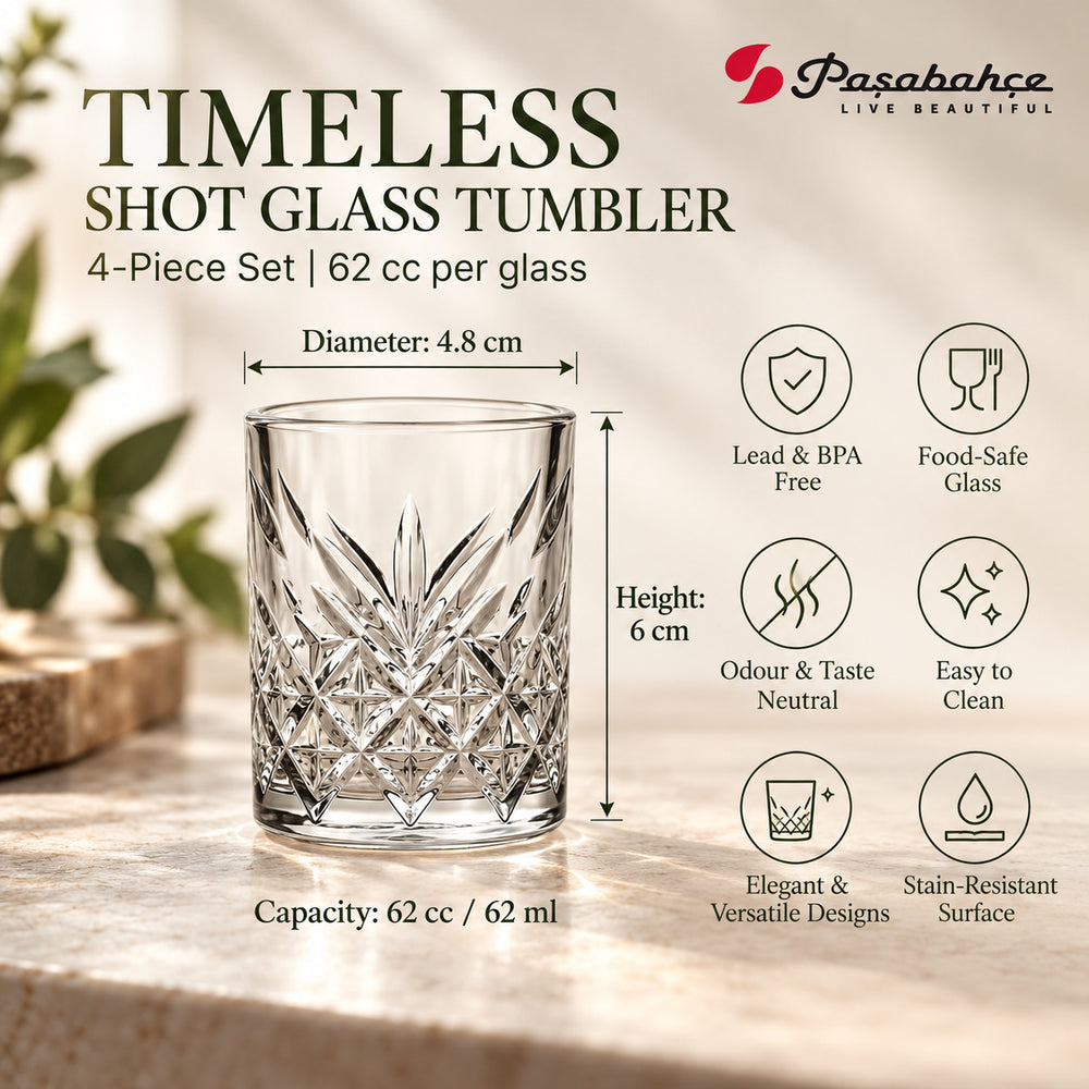 Pasabahce Timeless Shot Tumbler Glass Set of 4 -  62 ml, Transparent