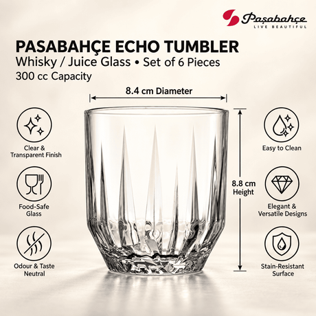 Pasabahce Echo Whisky Tumbler Glass Set of 6 -  300 ml, Transparent