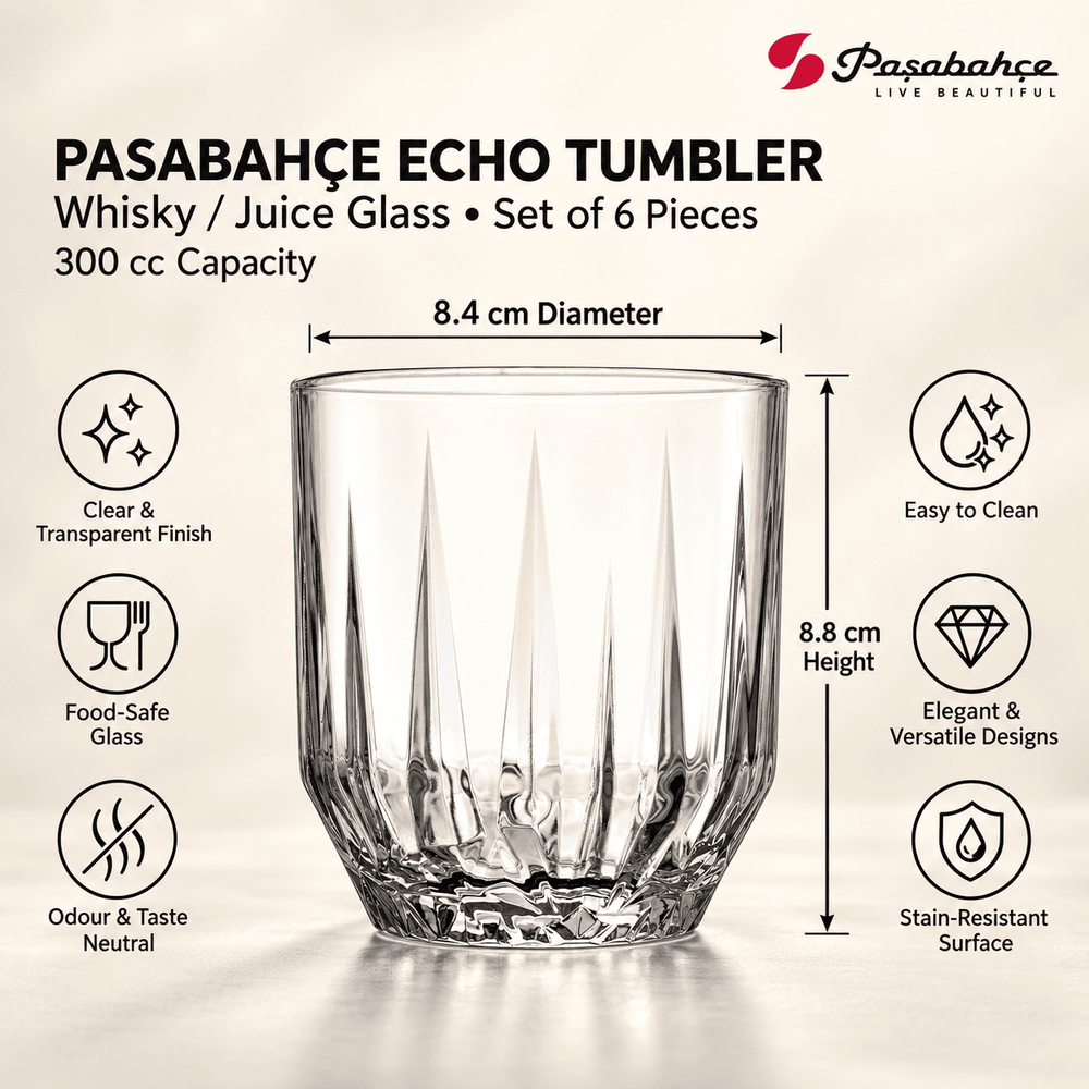 Pasabahce Echo Whisky Tumbler Glass Set of 6 -  300 ml, Transparent