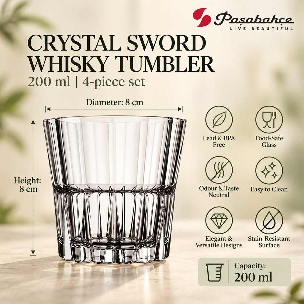 Pasabahce Crystal Sword Whisky Tumbler Glass Set of 4 -  200 ml, Transparent