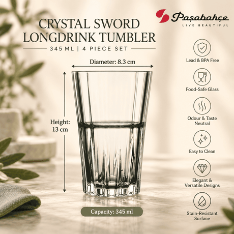 Pasabahce Crystal Sword Longdrink Tumbler Glass Set of 4 -  345 ml, Transparent
