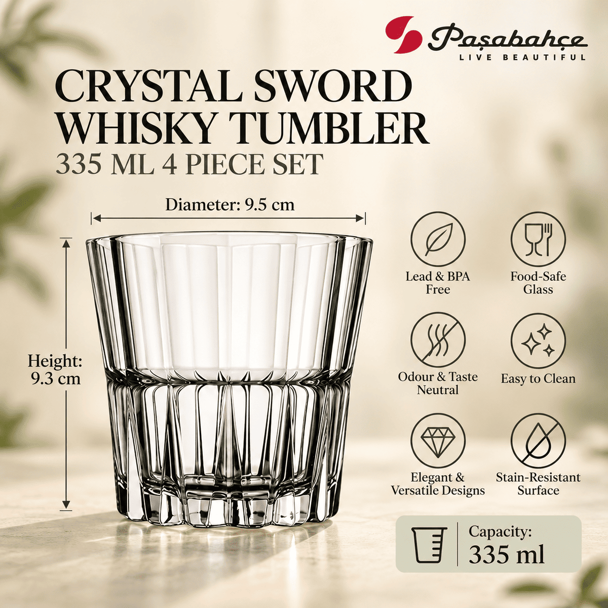 Pasabahce Crystal Sword Whisky Tumbler Glass Set of 4 -  335 ml, Transparent