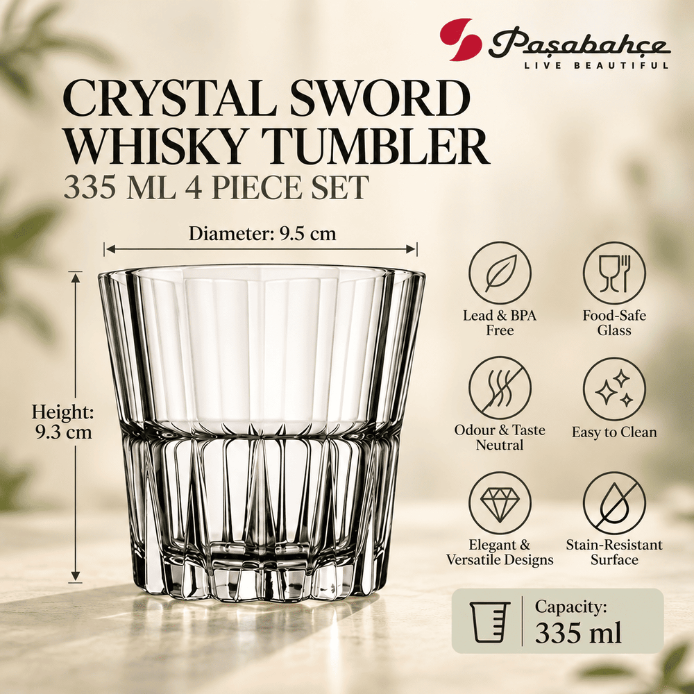 Pasabahce Crystal Sword Whisky Tumbler Glass Set of 4 -  335 ml, Transparent