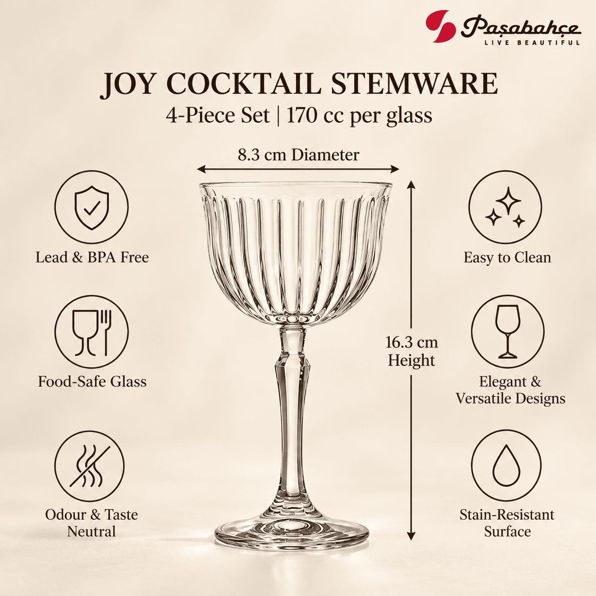 Pasabahce Joy Cocktail Stem Glasses Set of 4 - 170 ml, Transparent