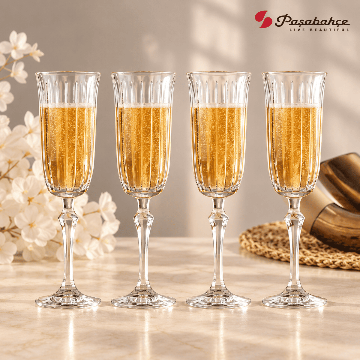 Pasabahce Joy Champagne Stem Glasses Set of 4 - 175 ml, Transparent