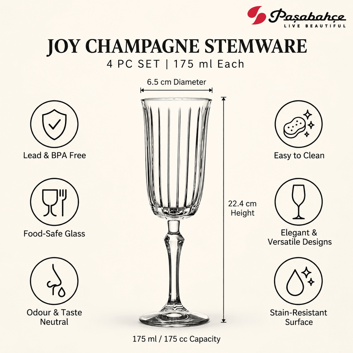 Pasabahce Joy Champagne Stem Glasses Set of 4 - 175 ml, Transparent
