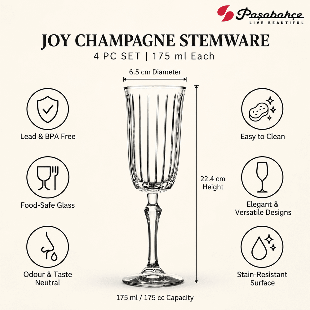 Pasabahce Joy Champagne Stem Glasses Set of 4 - 175 ml, Transparent