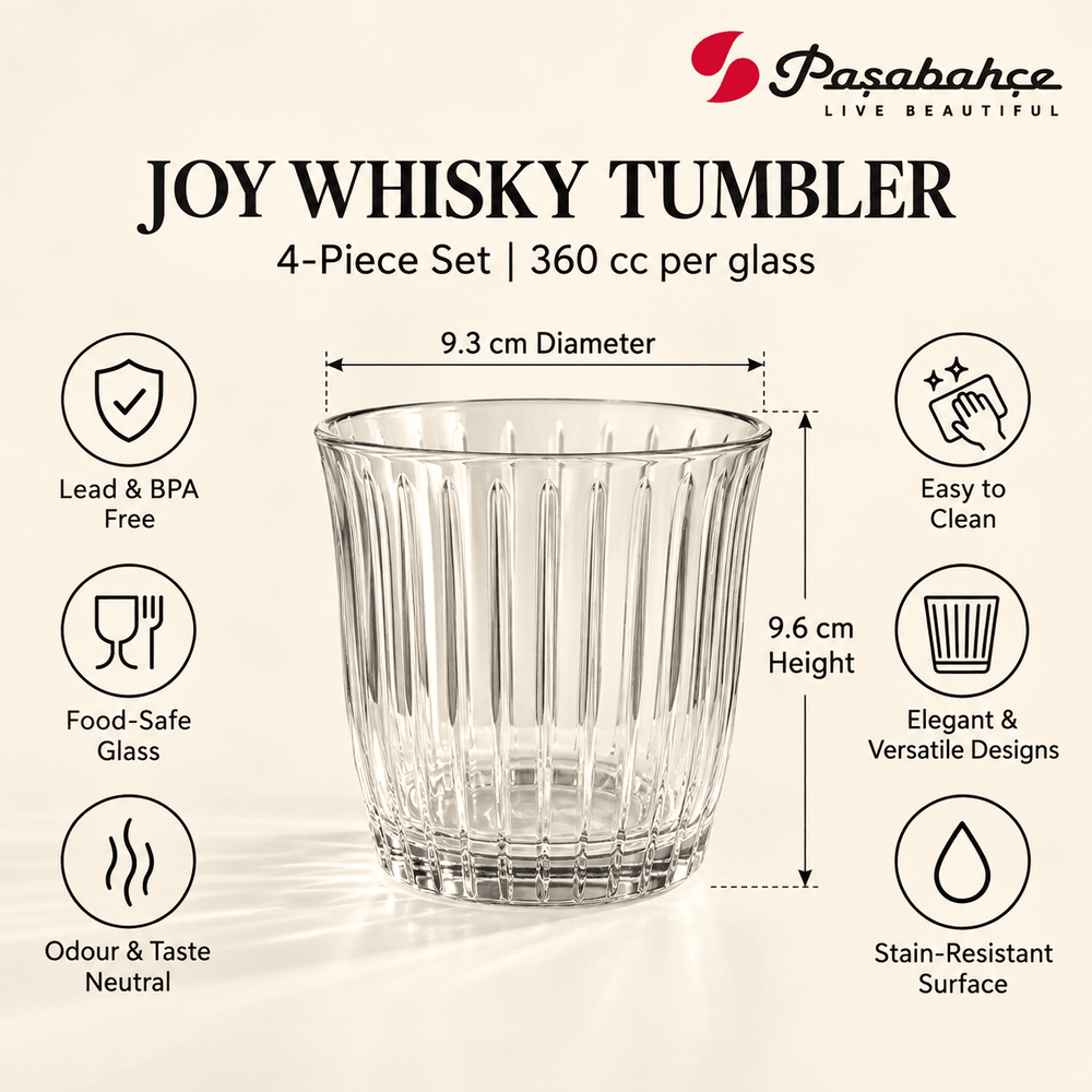 Pasabahce Joy Whisky Tumbler Glass Set of 4 -  360 ml, Transparent
