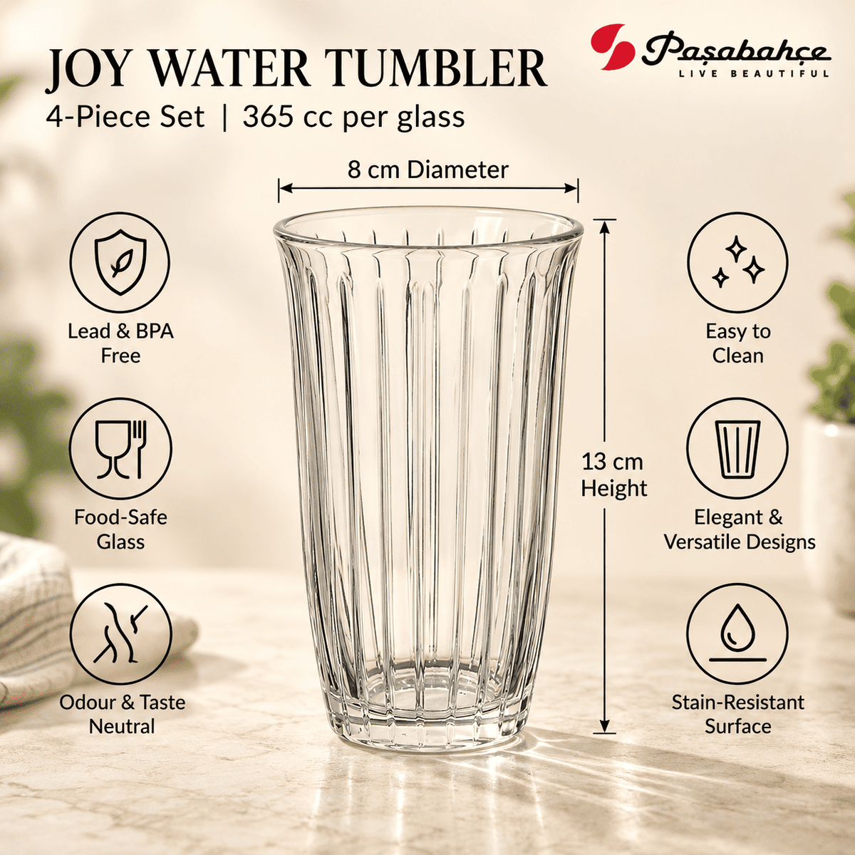 Pasabahce Joy Water Tumbler Glass Set of 4 -  365 ml, Transparent