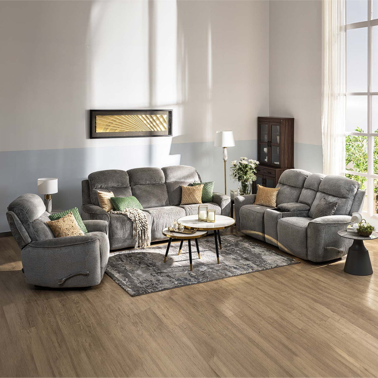 Favian 3 Seater Recliner Sofa With Dropdown Console (Grey)