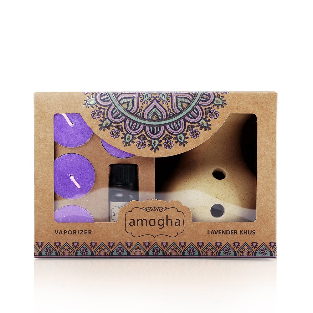 IRIS Amogha Lavender Khus Fragrance Vaporizer with 4 Tealights and Vaporizer Oil (10 ml)