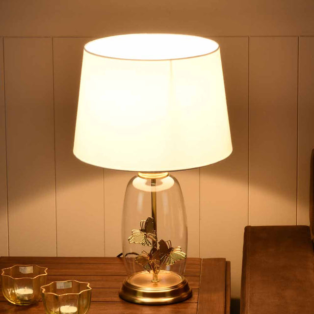 Nilkamal Glassio Butterfly Fabric Shade Glass & Metal Base Table Lamp (Gold)