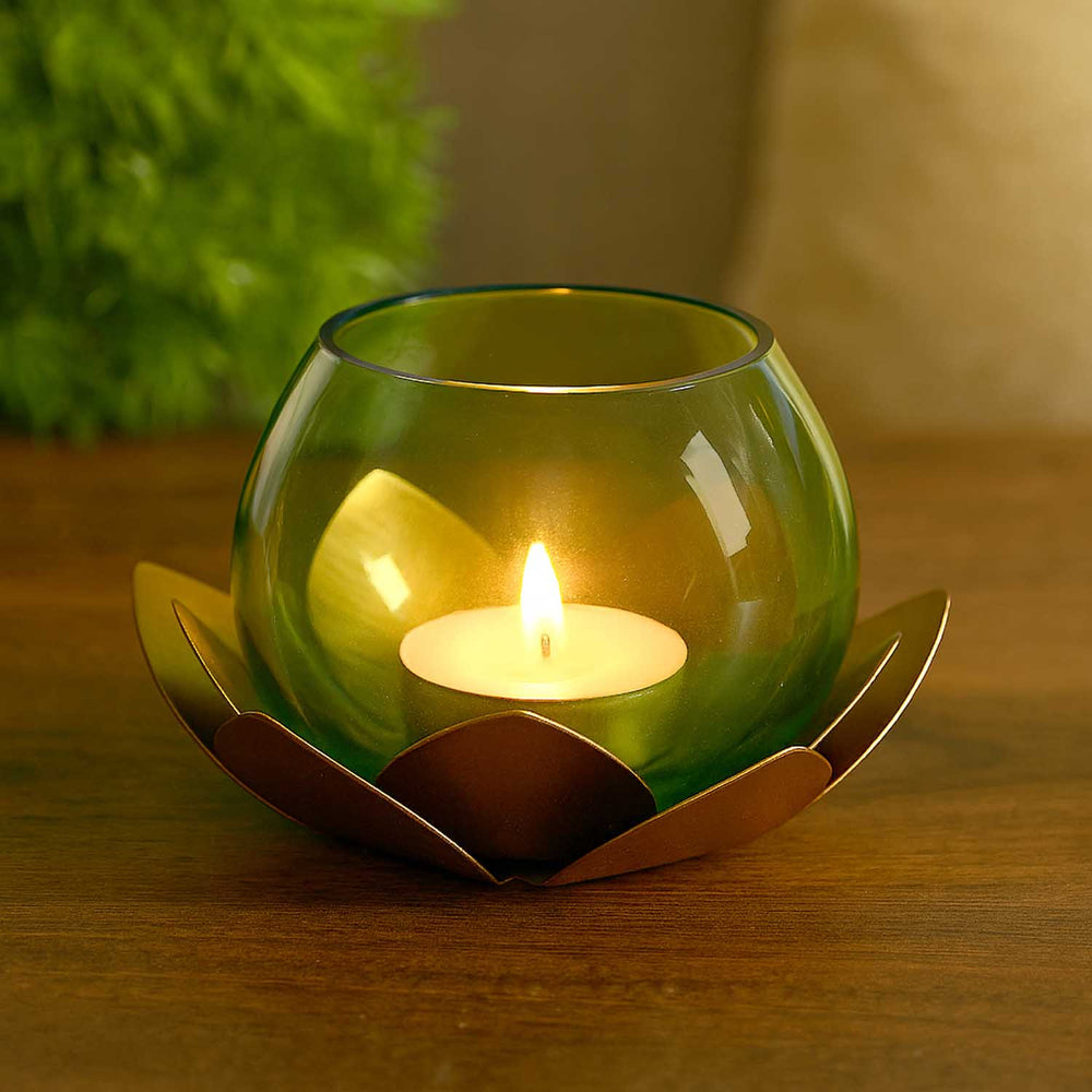 Decorative Mini Lotus Votive Candle Holder- Green
