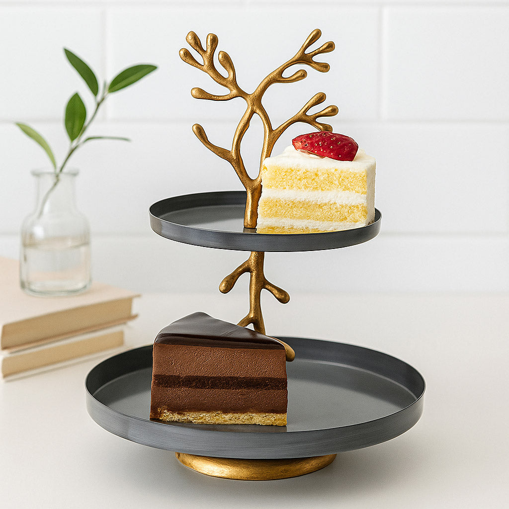 2 Tier Pastry Serving Stand With Golden Branch- Grey and Gold