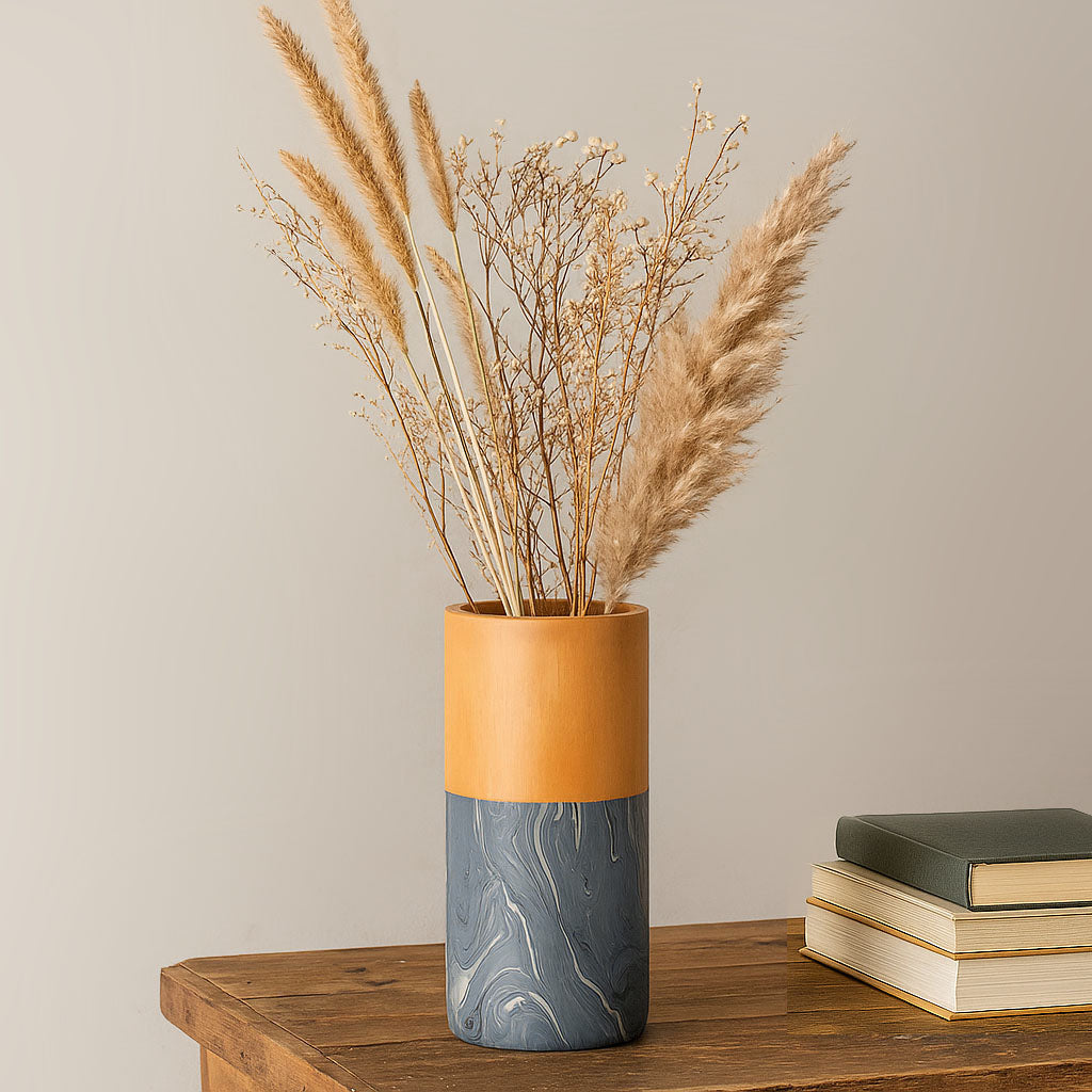 Dual Tone Wooden Table Vase Marble Finish Medium Size- Brown and Grey