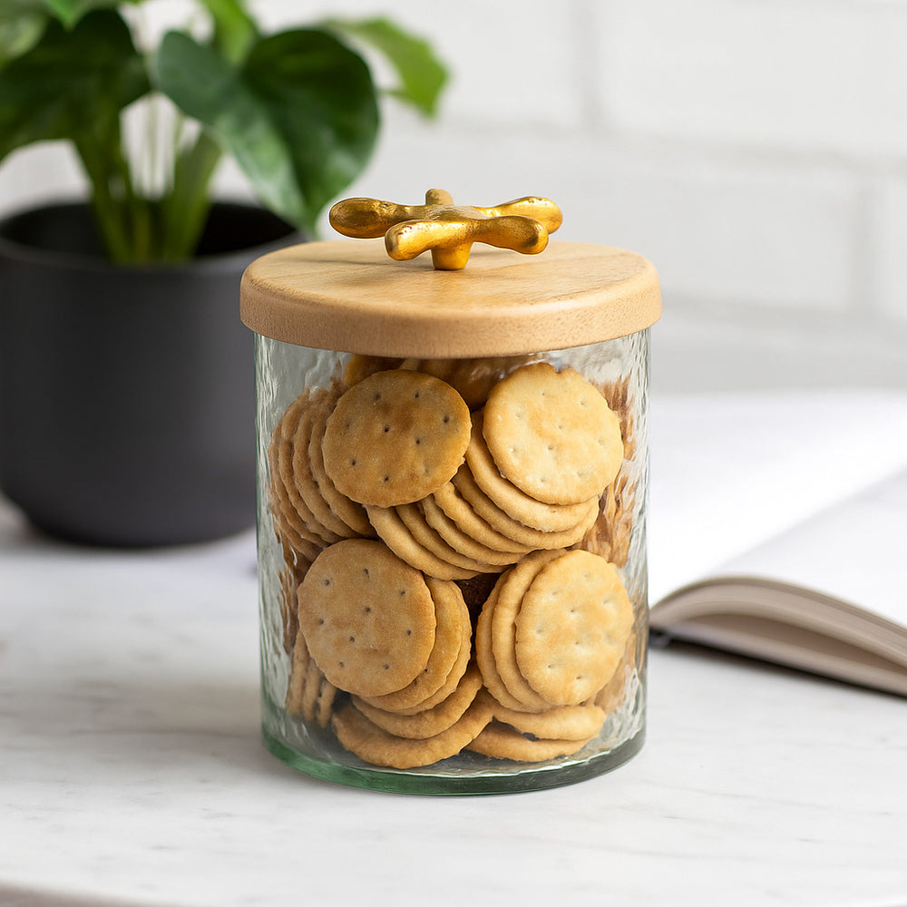 Glass Serving Jar with Golden Branch Small- Beige and Gold