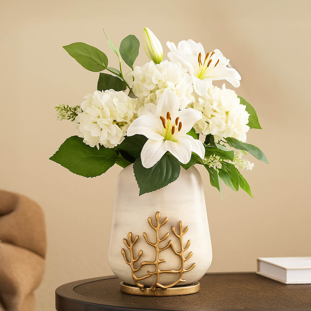 Decorative Droplet Vase with Golden Branch Small- Beige and Gold