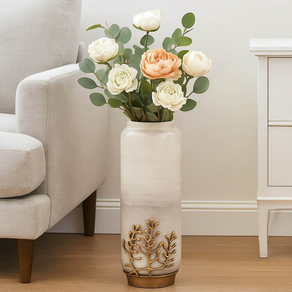 Decorative Tall Floor Vase with Golden Branch- Beige and Gold