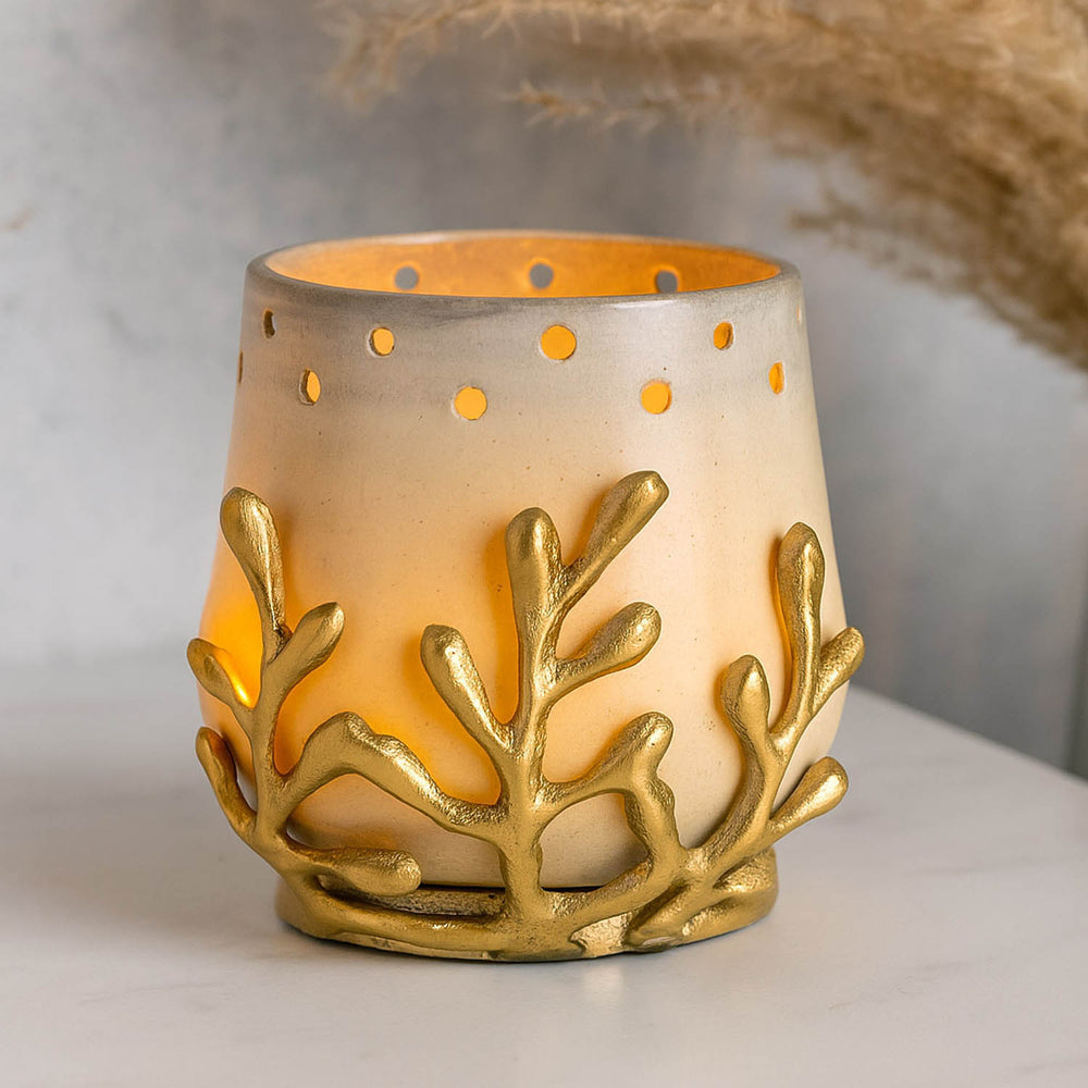 Decorative Votive Candle Holder with Golden Branch- Beige and Gold