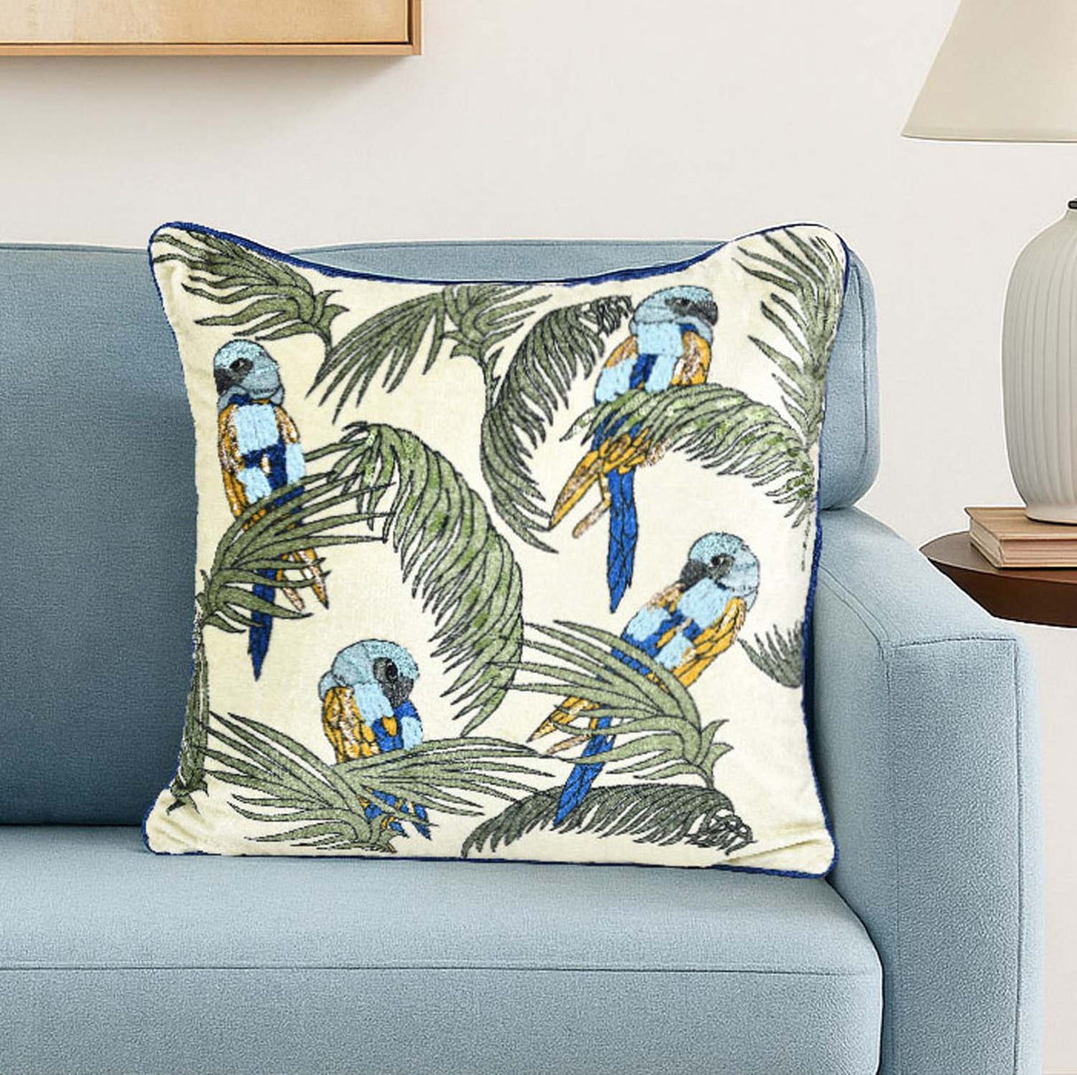 Tropical Bird Cotton & Viscose 16" x 16" Cushion Cover- Multicolor