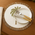 Palm Tree Embroidery Round Cotton Table Placemat- Beige and Brown
