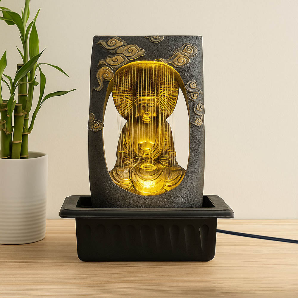 Buddha Waterfall Table Top Decorative Water Fountain with LED Light- Gold