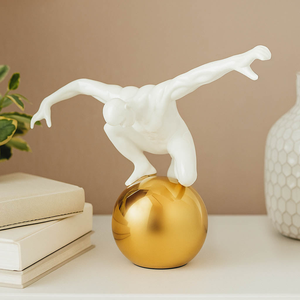 Human on Golden Sphere Decorative Showpiece- White and Gold
