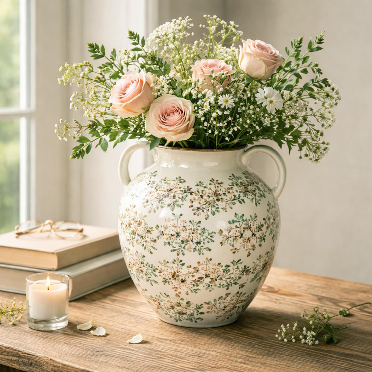 Floral Oval Vase with Ears- Green