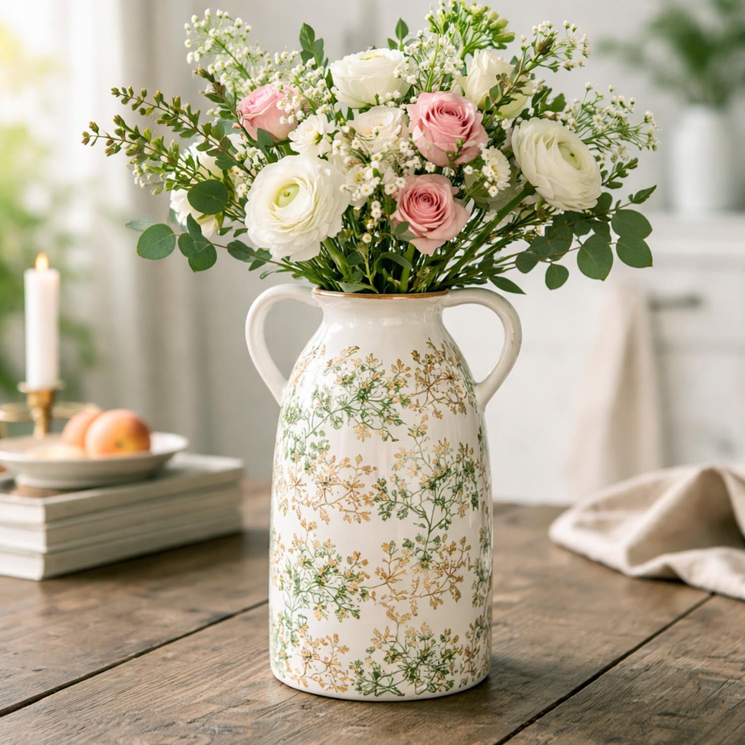 Floral Ceramic Vase with Ears Small- Green