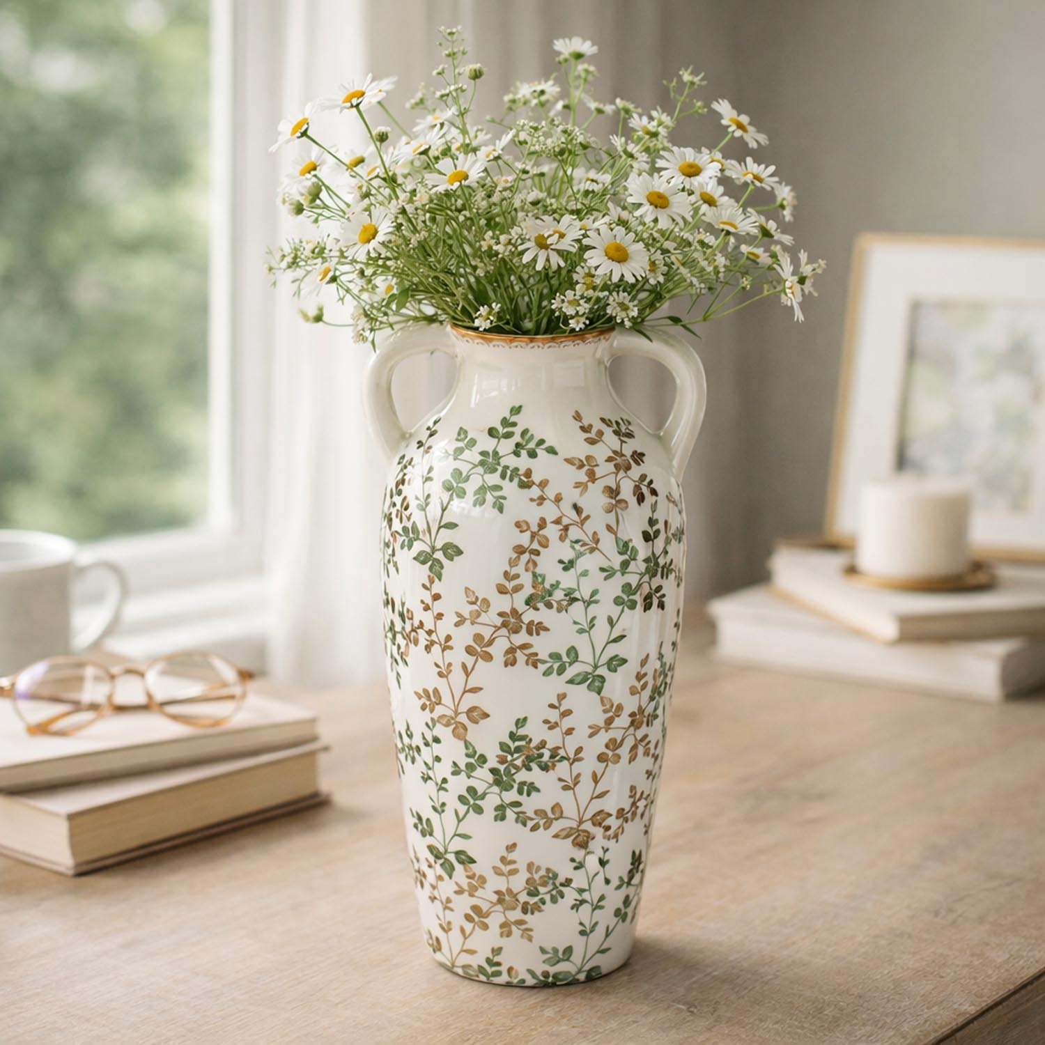 Floral Ceramic Vase with Ears Large- Green