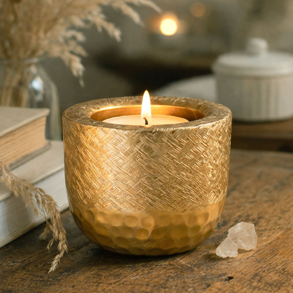 Decorative Criss Cross Textured Round Metal Votive- Gold