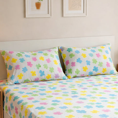 Ammara Leaf Design Polyester Double Bedsheet with 2 Pillow Covers- Multicolor