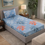 Ammara Leaf Design Polyester Single Bedsheet with 1 Pillow Cover- Blue & Grey