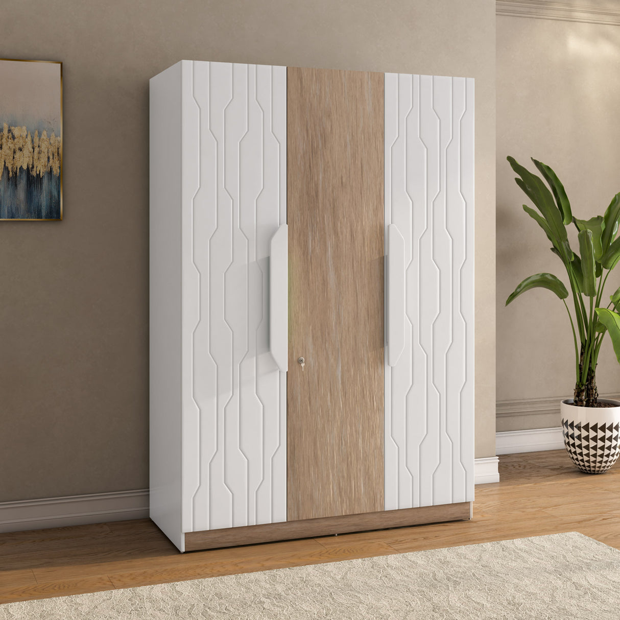 Tron 3 Door Wardrobe- Travertine & White