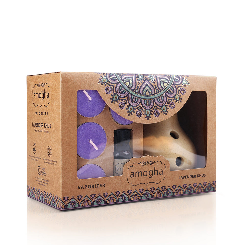 IRIS Amogha Lavender Khus Fragrance Vaporizer with 4 Tealights and Vaporizer Oil (10 ml)