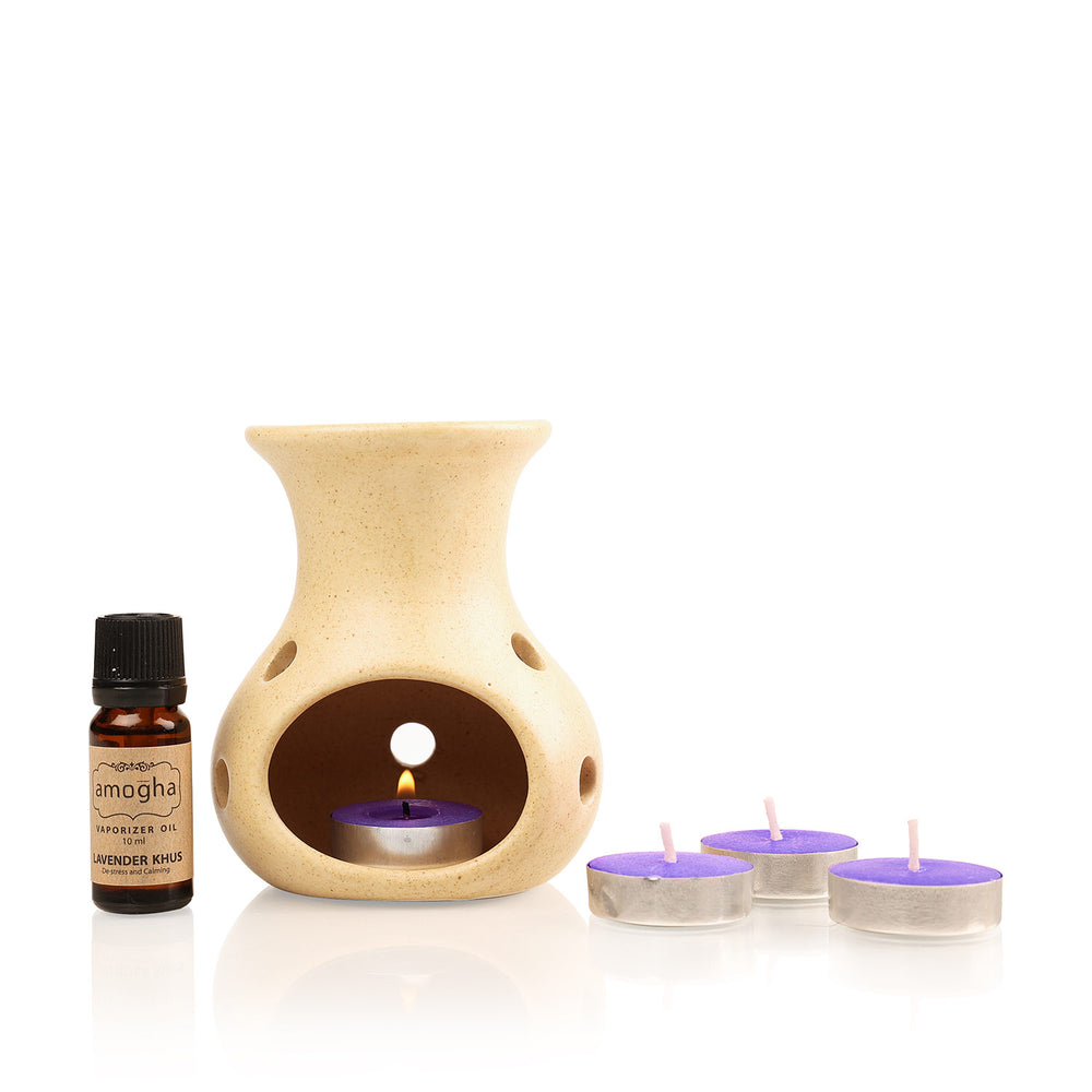 IRIS Amogha Lavender Khus Fragrance Vaporizer with 4 Tealights and Vaporizer Oil (10 ml)