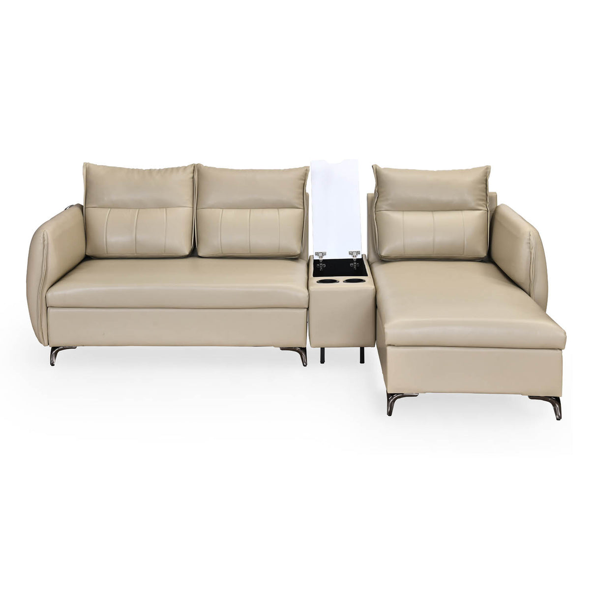 Infinia 3 Seater Leatherette Sofa with Left Lounger and Rectangle Console- Beige