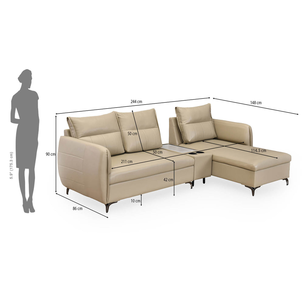 Infinia 3 Seater Leatherette Sofa with Left Lounger and Rectangle Console- Beige