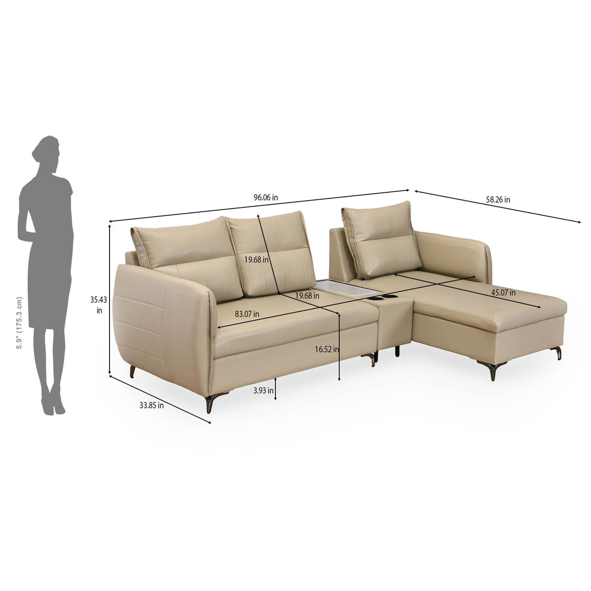 Infinia 3 Seater Leatherette Sofa with Left Lounger and Rectangle Console- Beige