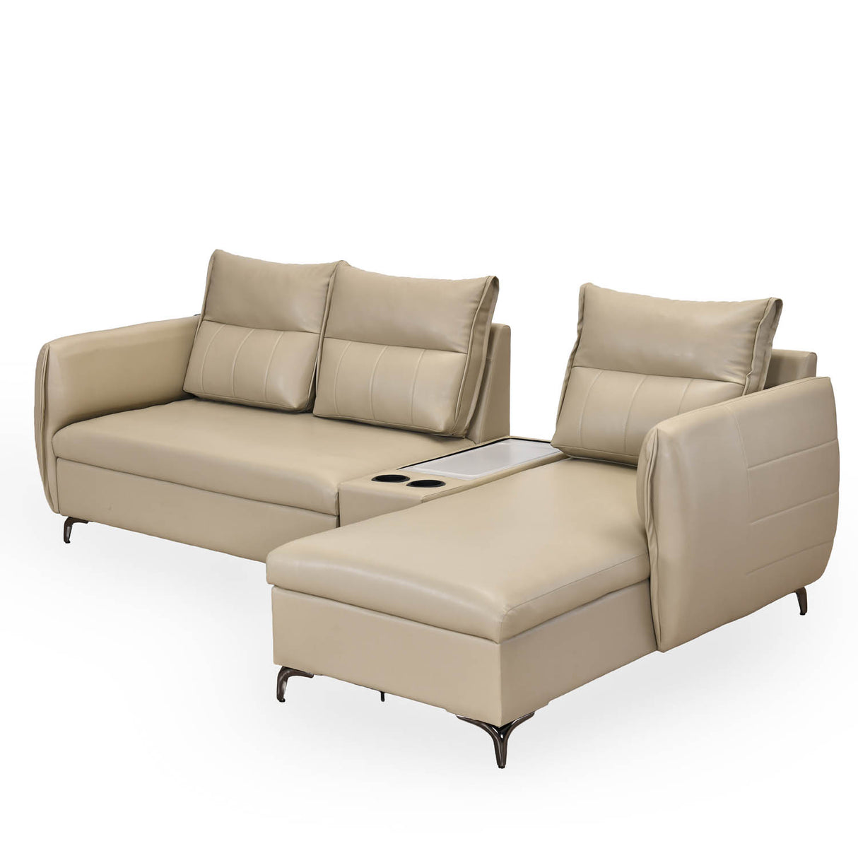Infinia 3 Seater Leatherette Sofa with Left Lounger and Rectangle Console- Beige